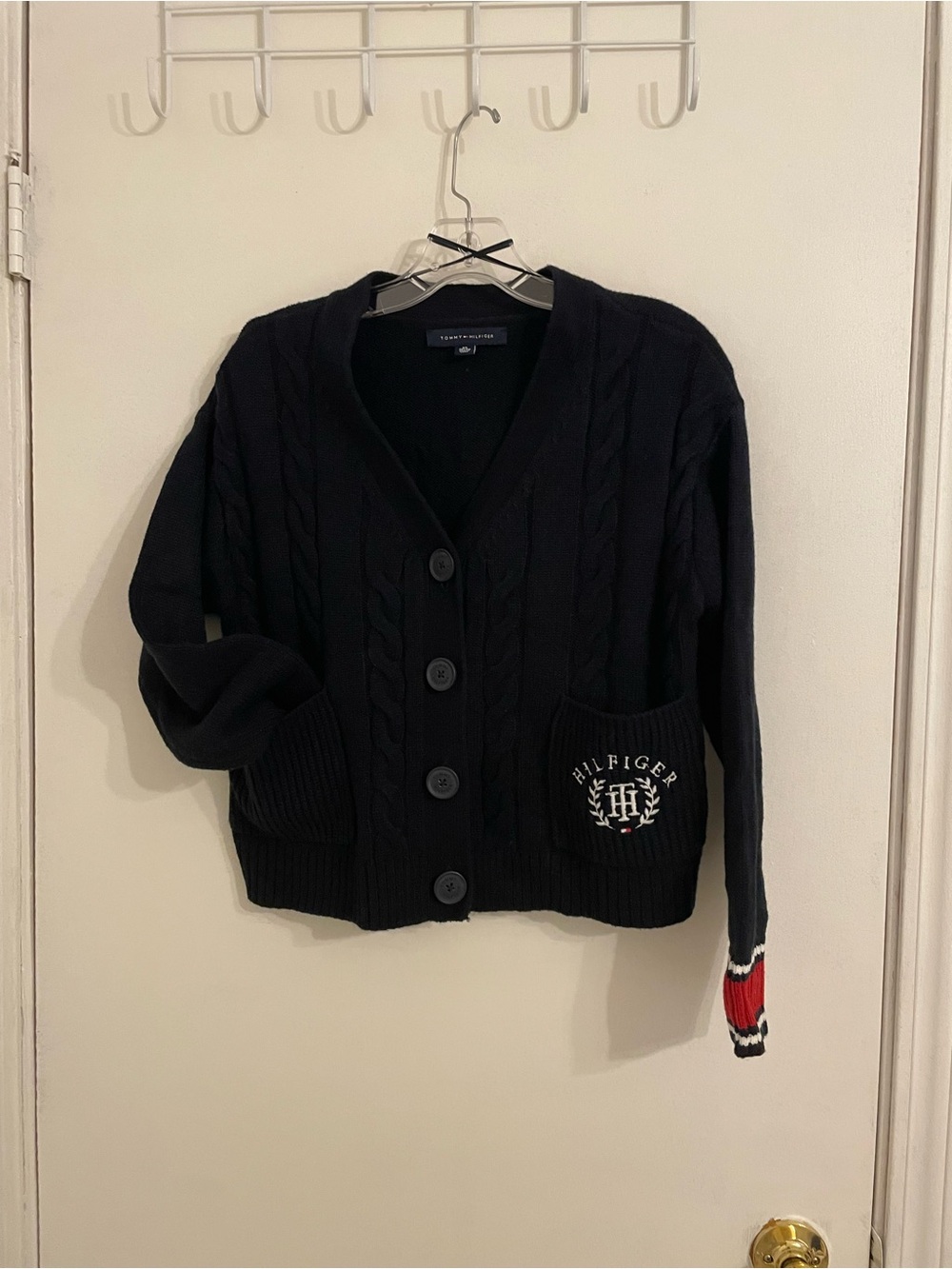 Tommy Hilfiger Black Cable Knit Button Front Cardigan with Sleeve Stripe